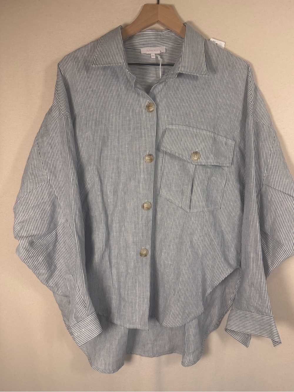 Olivaceous Blue & White Stripe Relaxed long sleeve Linen Shirt boxy small